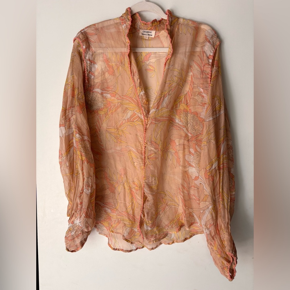 Chasing Unicorns Say it Again Silk Pleated Blouse L - Picture 3 of 10